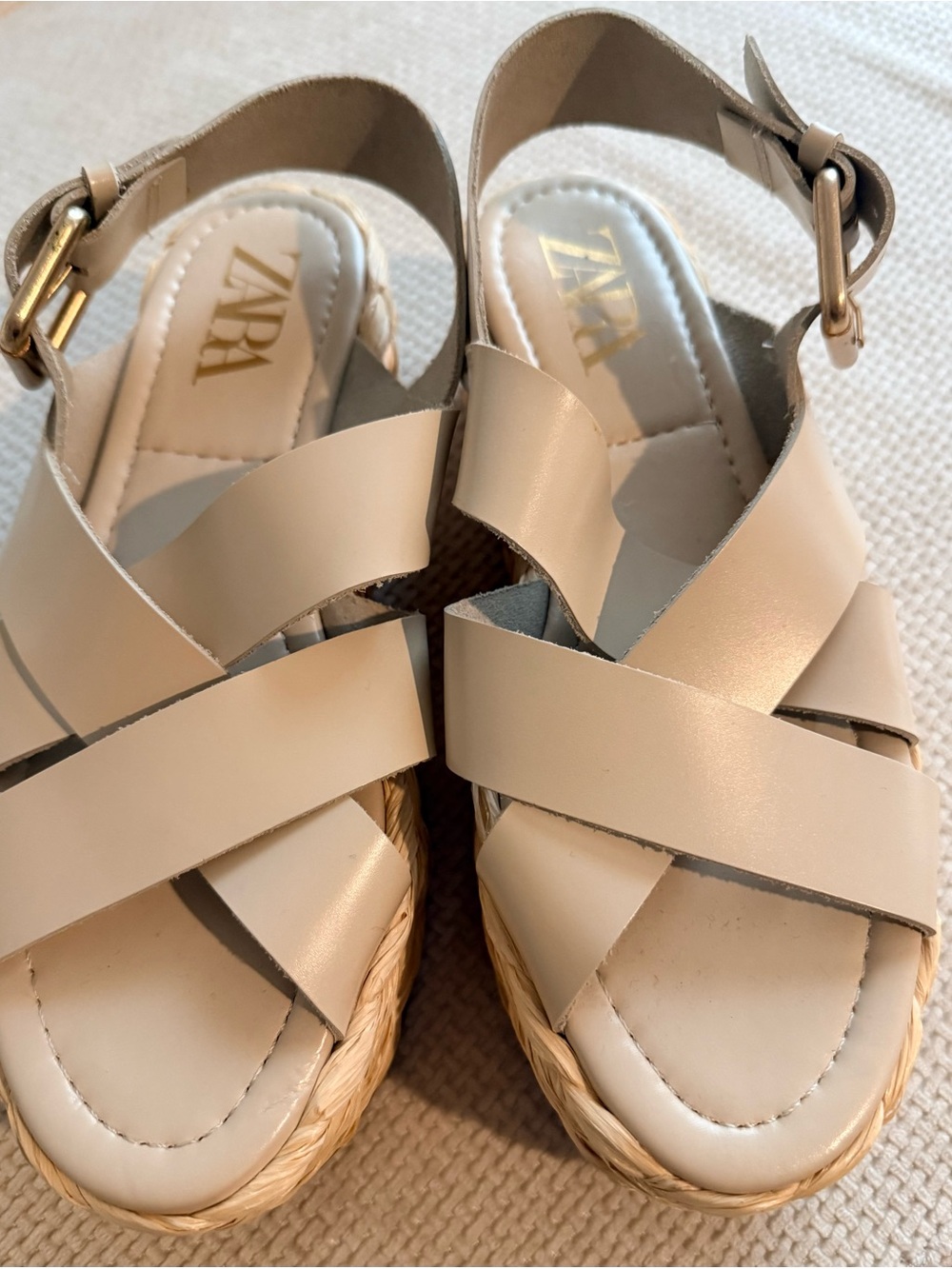 100% Leather, new without tags,ZARA Neutral Beige Crisscross Espadrille Sandals